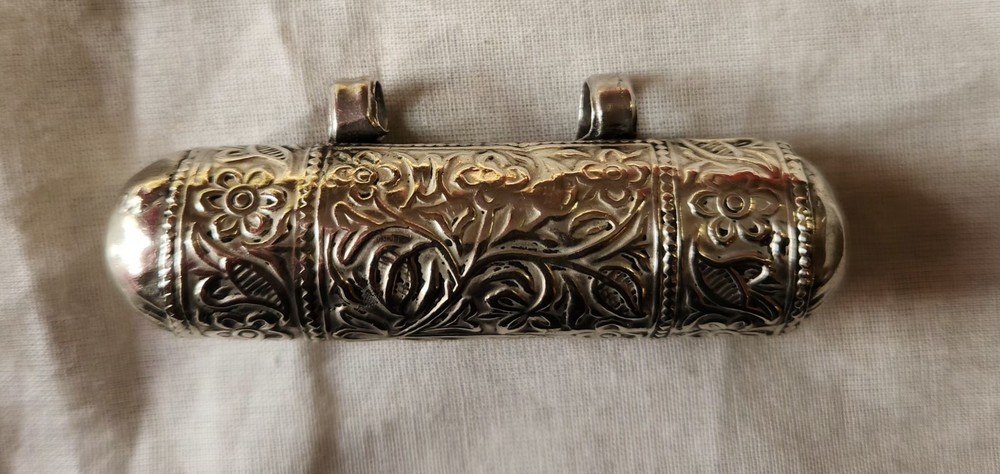 Antique Silver Amulet Case, Hirz, Scroll Holder Pendant With Something Inside