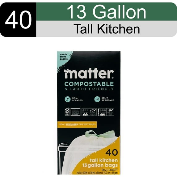 Matter Compostable | 13-Gallon Tall Kitchen Trash Bags with Drawstring, 40 Count