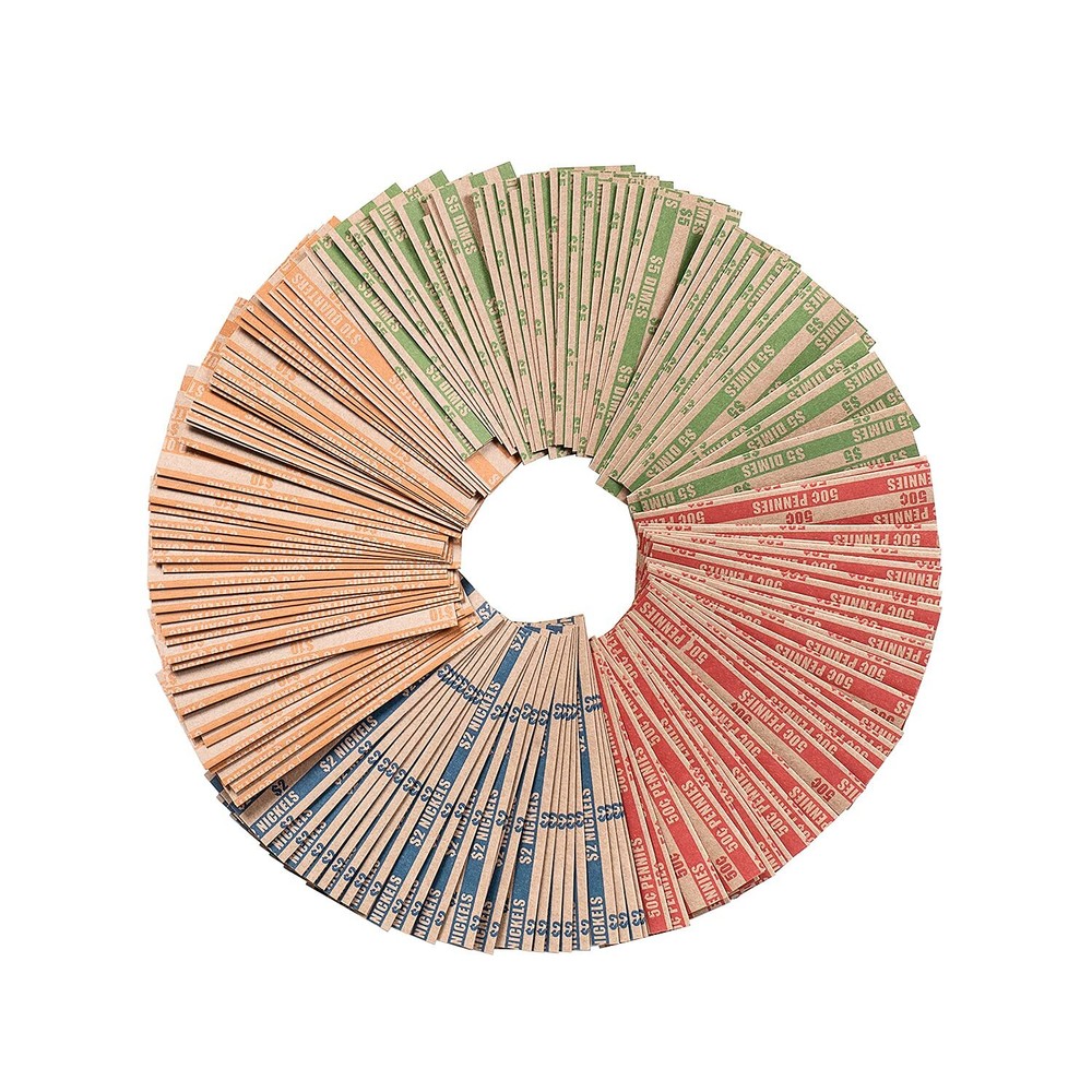 500 Assorted Coin Wrappers Flat Stripped Coin Roll Wrappers