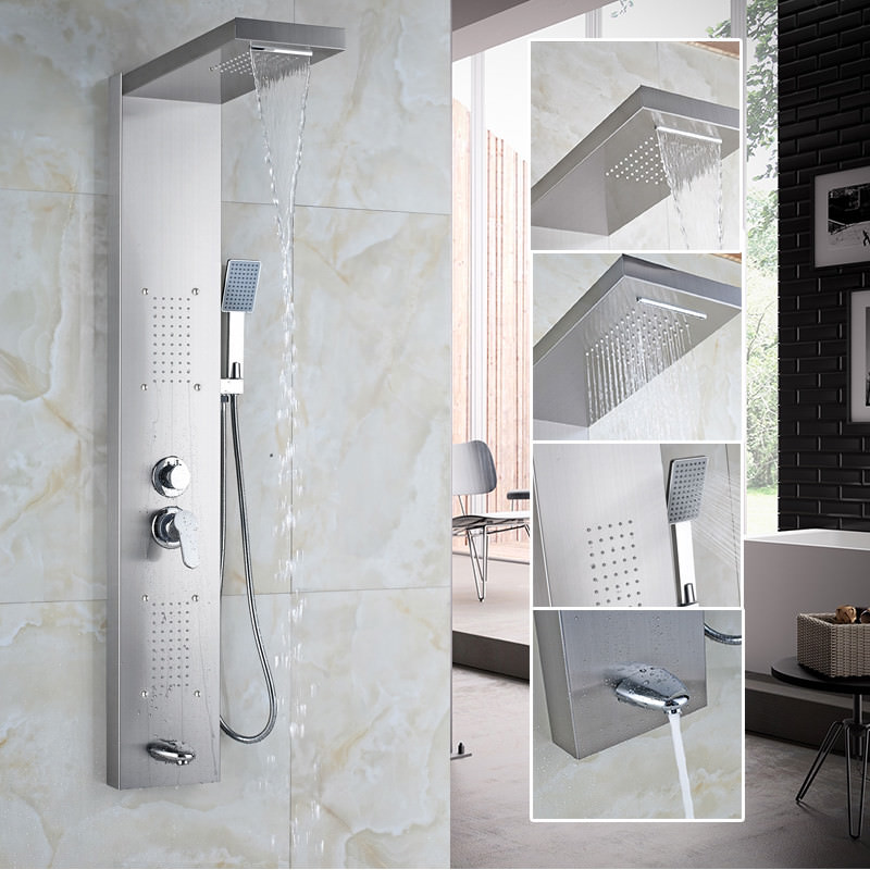 Brushed Nickel Bathroom Multi Function Shower Panel Hand Spary Wall Mount Tap