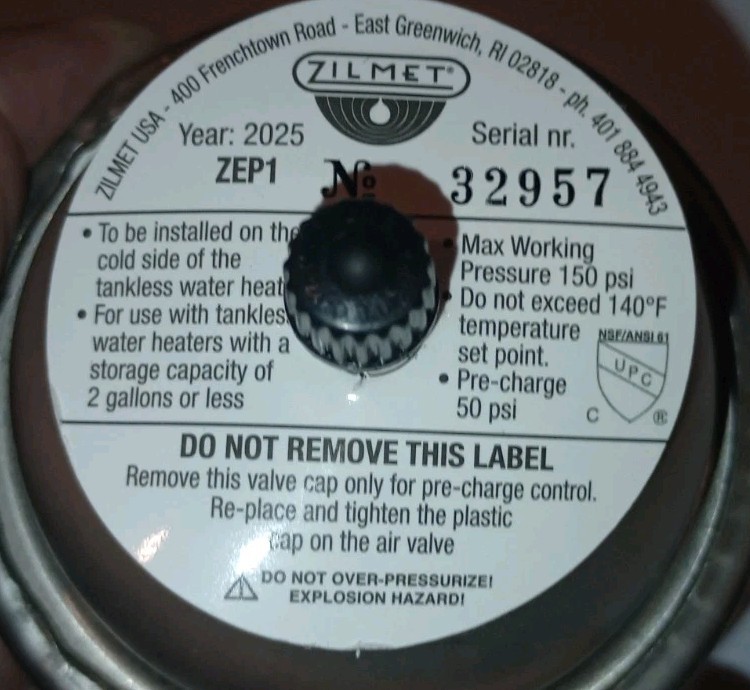 ZILMET ZEP1 - TANKLESS WATER HEATER EXPANSION TANK, 1/2" CONNECTION, NEW