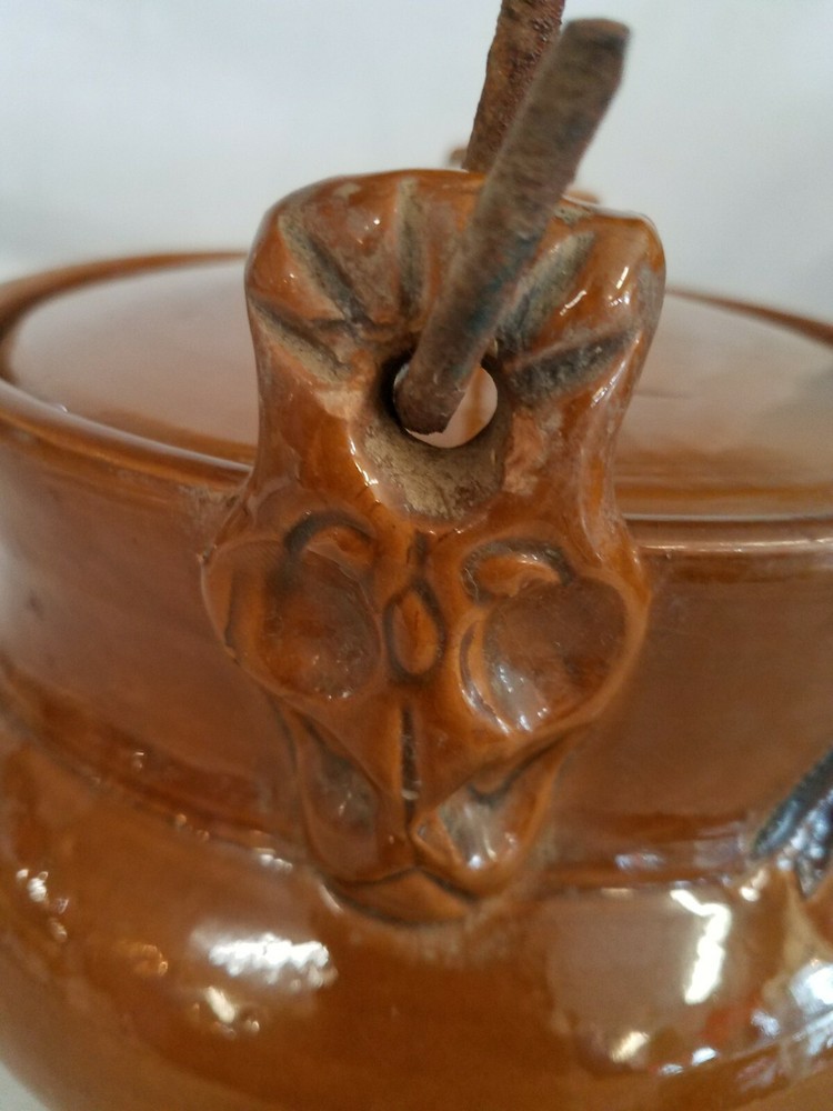 Glazed Pottery Bean Pot with Metal Handle