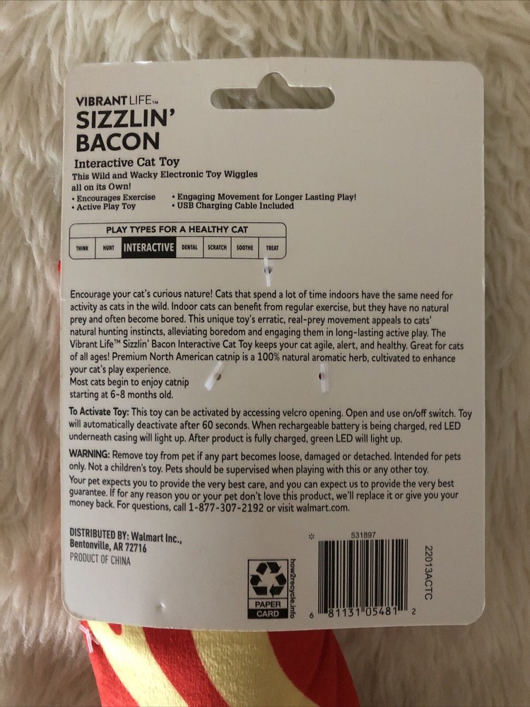 2 Pack 1) Sizzlin' Bacon 1) Eggplant Flopping Interactive Cat Toy Usb Charging
