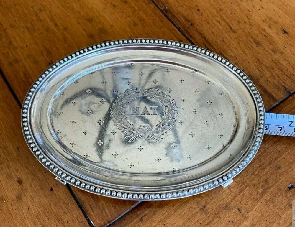 Antique Sterling Silver Footed Mini Tray w Beaded Edging & Engraved Monogram