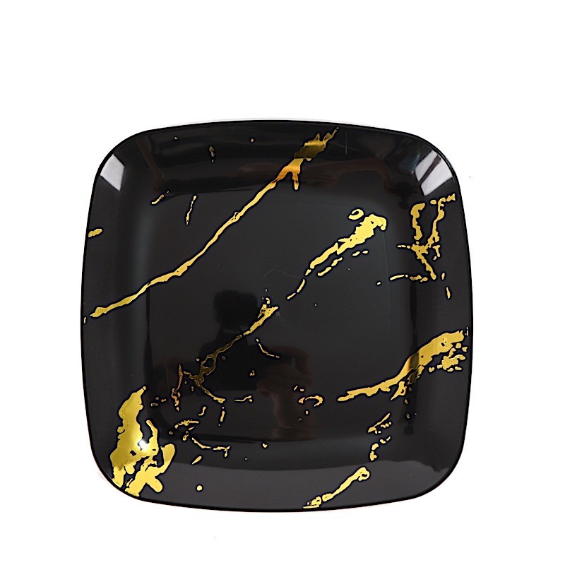 10 BLACK GOLD Square Metallic Marble Plastic Salad DINNER PLATES Party Tableware