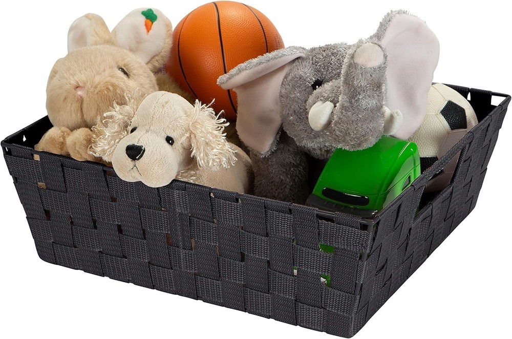 Large Shelf Woven Strap Tote Decorative Storage Basket Built in Handles