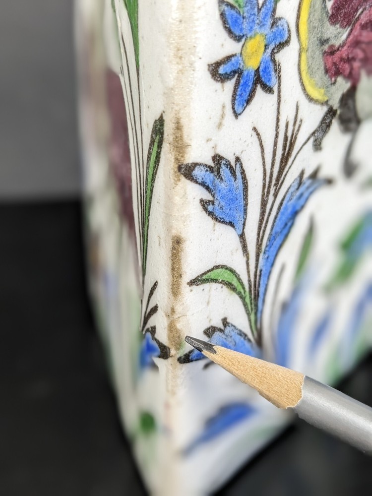 Antique Persian Qujar Pottery Bottle Tea Flask Floral Bird Pattern Triangular
