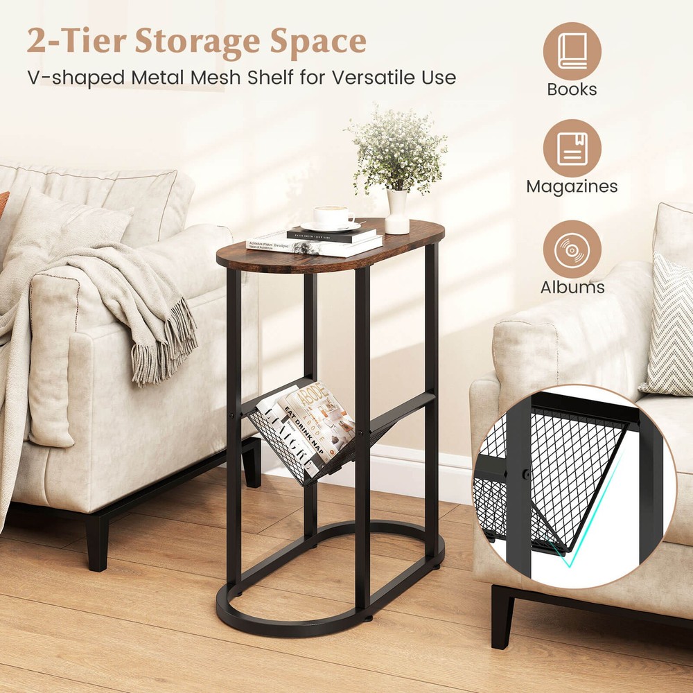2 PCS Industrial Side Table End Coffee Table Compact Nightstand with Mesh Shelf