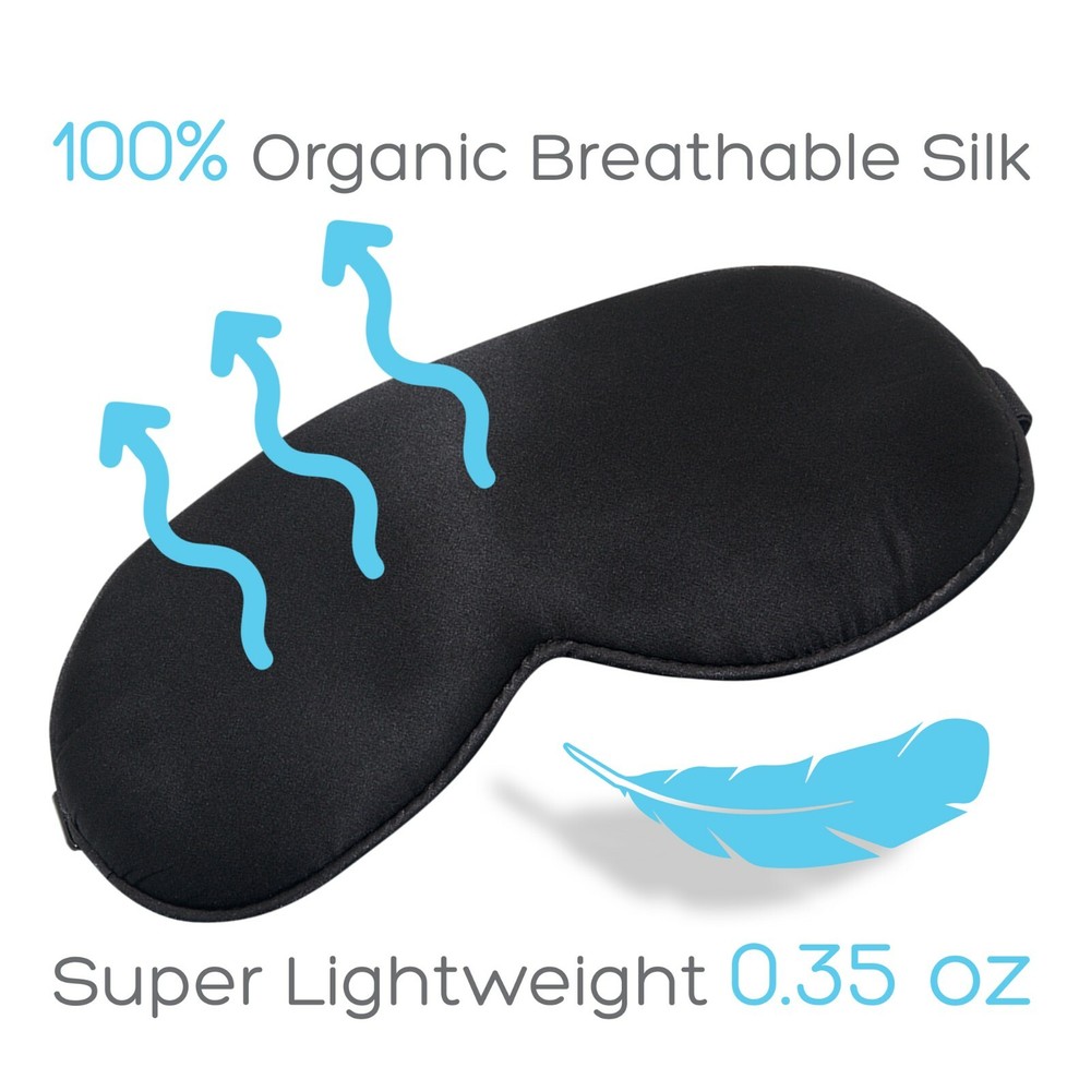 100% PURE SILK SLEEP MASK ADJUSTABLE STRAP BLACK BLINDFOLD COMFORTABLE COVER