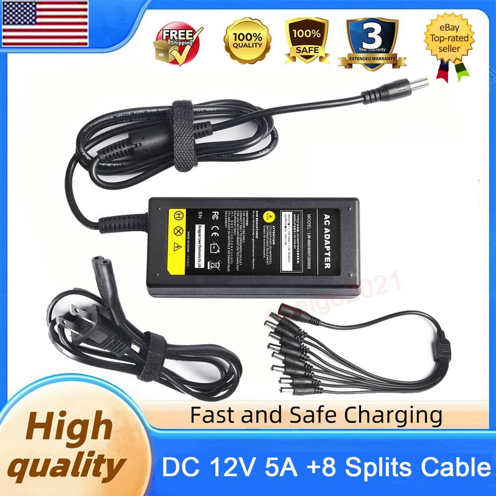 Security Camera Power Adapter Cable US Plug For 12V CCTV W/ 8 Way Splitter Cable