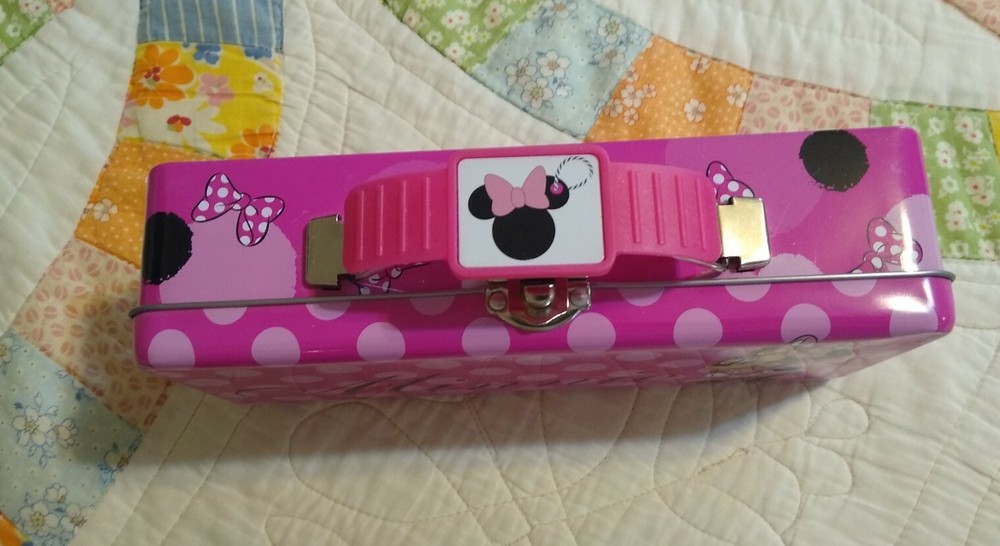 Disney Minnie Mouse Tin Tool Box with Handle Latch/Hinge NEW Pencil Box Storage