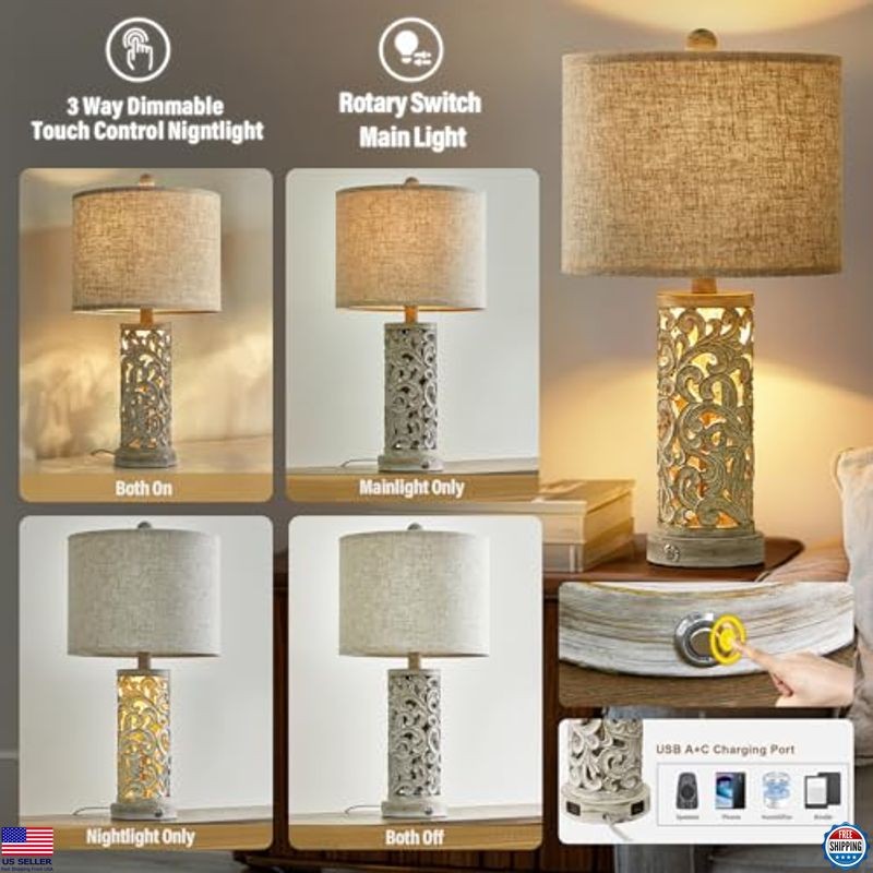 OYEARS 22'' 3-Way Dimmable USB A+C Touch Control Table Lamp with Nightlight,