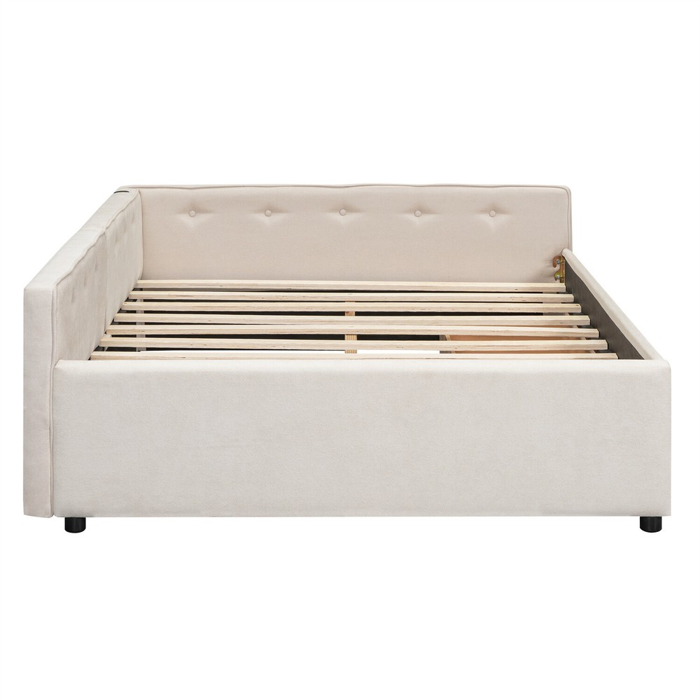 Full Size Daybed Upholstered Bed Frame Sofa Bed w/ USB Ports & 2 Drawer