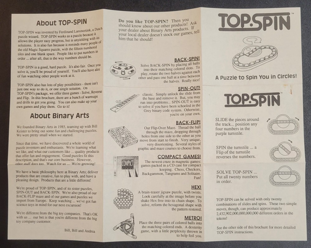 Vintage - Instructions ONLY - TOP-SPIN - Binary Arts