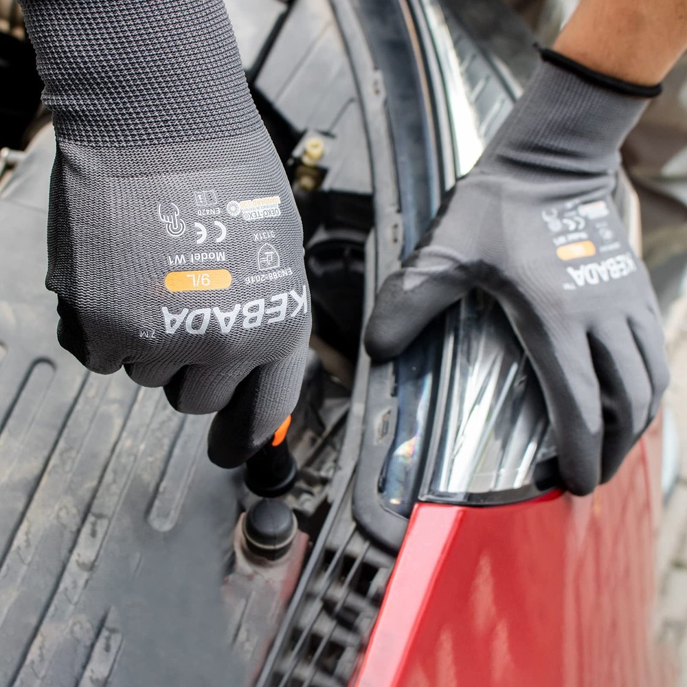 Kebada PU Coated Work Gloves, Touchscreen, 12 Pairs, Medium, Gray