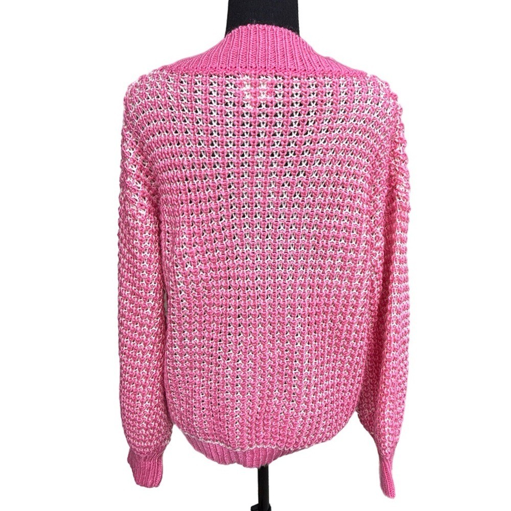 Pink Waffle Knit V-neck Button Up Sweater