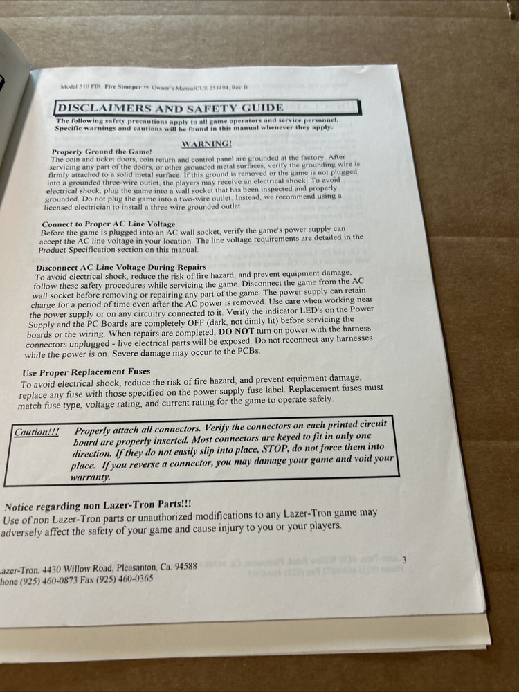 Original Fire Stomper Lazer Tron arcade Video game manual