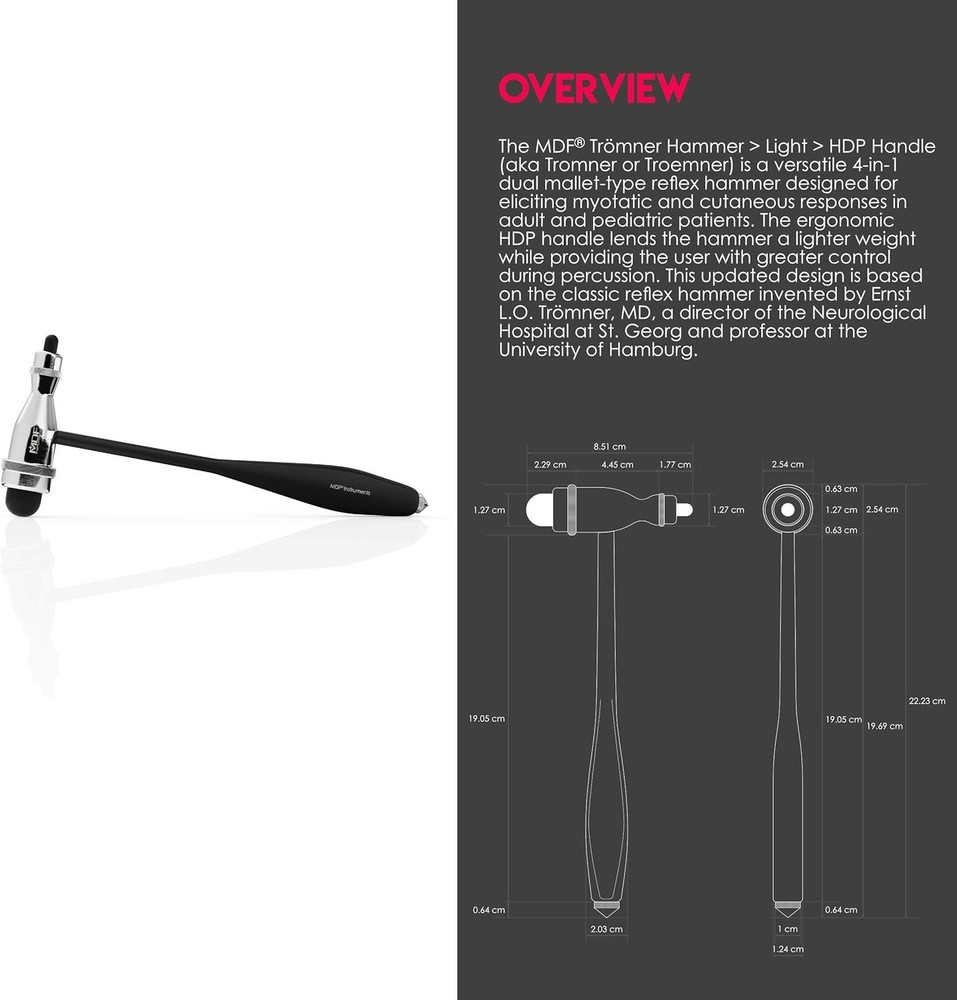 Ergonomic Tromner Reflex Hammer with Built-In Brush for Accurate Testing - Black