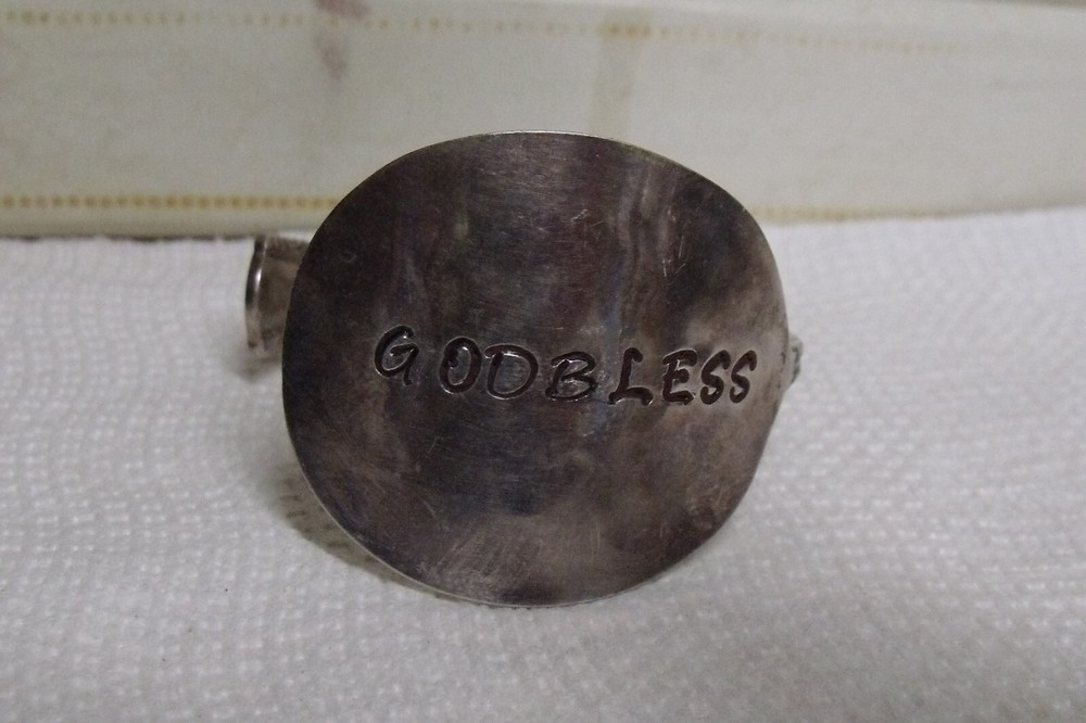 OLD  VICTORIAN INSCRIBED ' GOD BLESS US ' HAND HAMMERED SILVERPLATE SPOON CUFF
