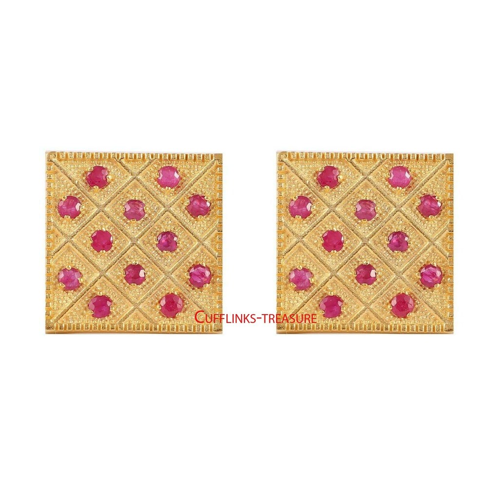 Natural Ruby Gemstone with 925 Sterling Silver Gold Plated Cufflinks For Men #51