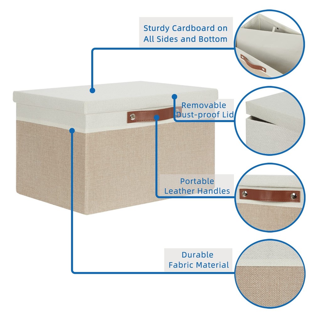 Temary Foldable Storage Bins with Lids 2-Pack, Large Baskets - White & Khaki