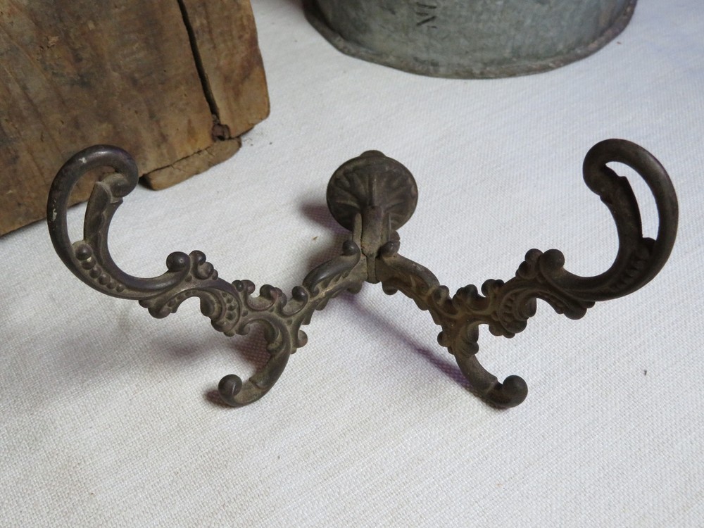 ORNATE Antique DOUBLE Cast Iron Victorian Hall Tree Coat Hat Hook #2