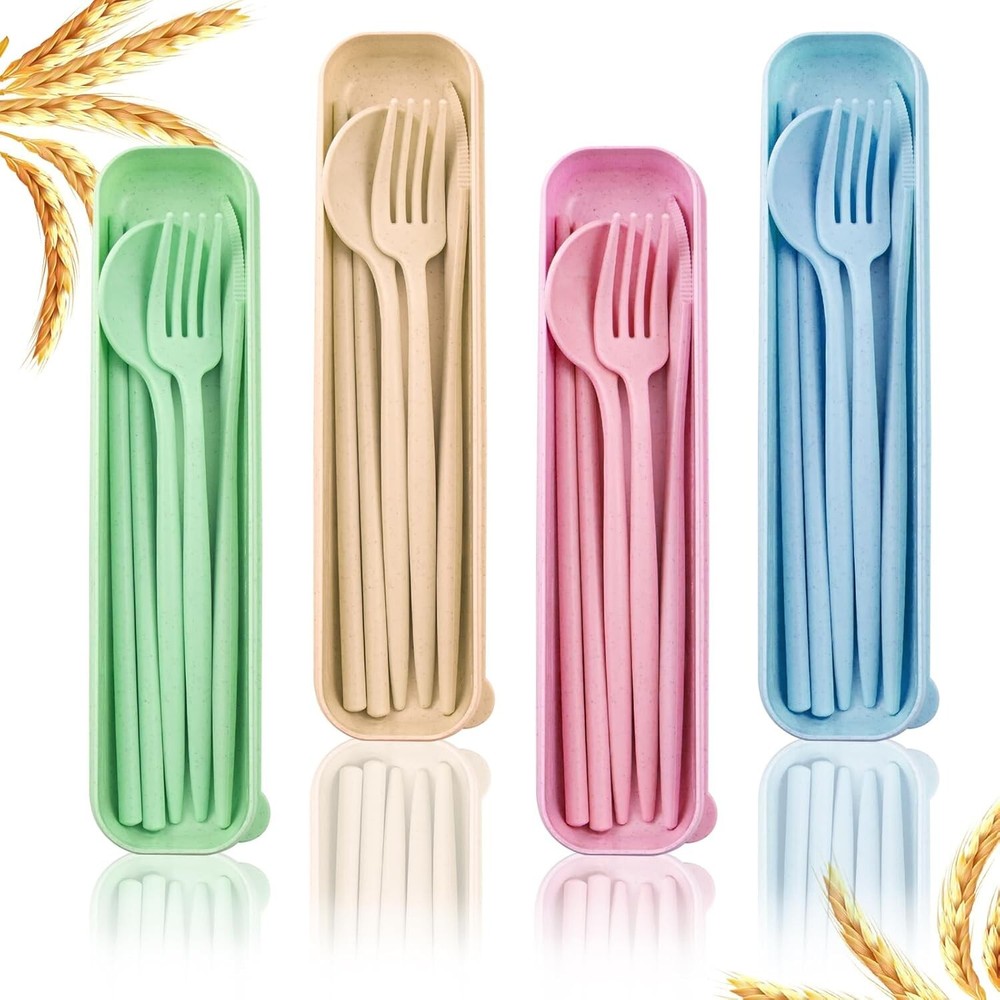 4 Sets Reusable Utensils Set with Case, Camping Cutlery Set Travel Silverware