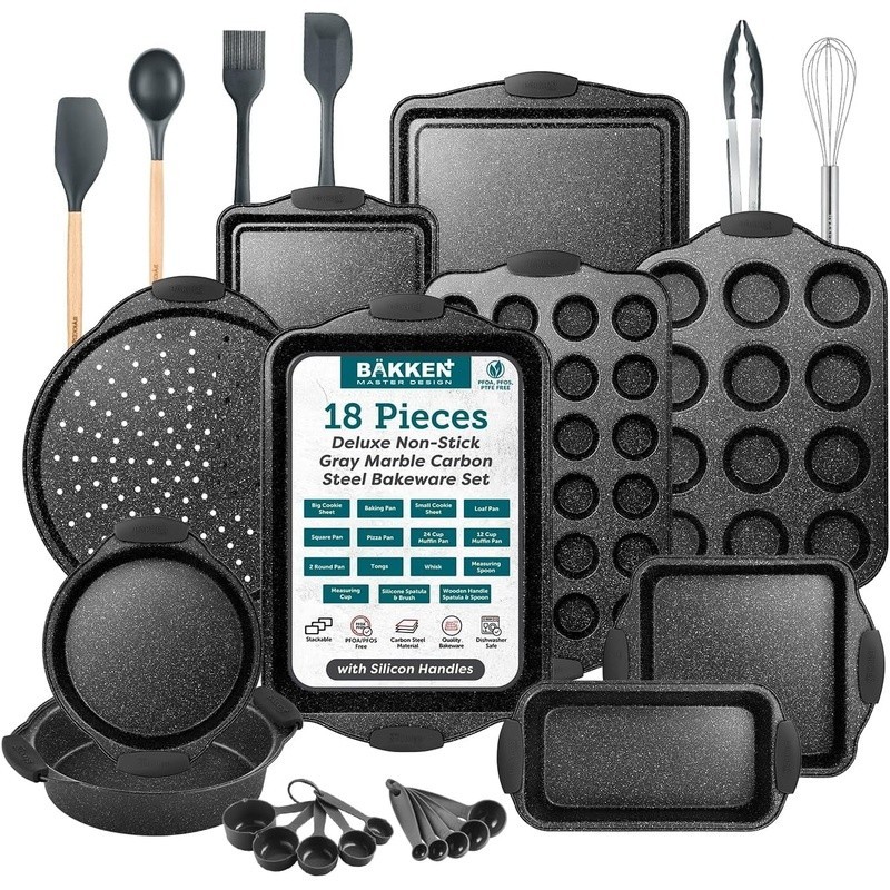 18-Piece Nonstick Carbon Steel Bakeware Set Kitchen Baking Tools Oven Safe Gray