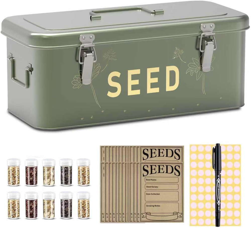 Seed Storage Organizer, Metal Seed Saving Box with Lid, 30 Slots, 4 Compartments