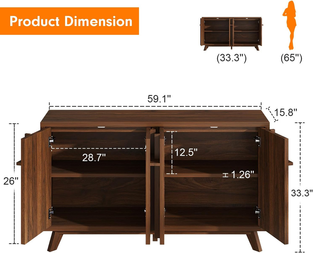 Modern Walnut Sideboard Buffet Cabinet with Adjustable Shelves & Storage