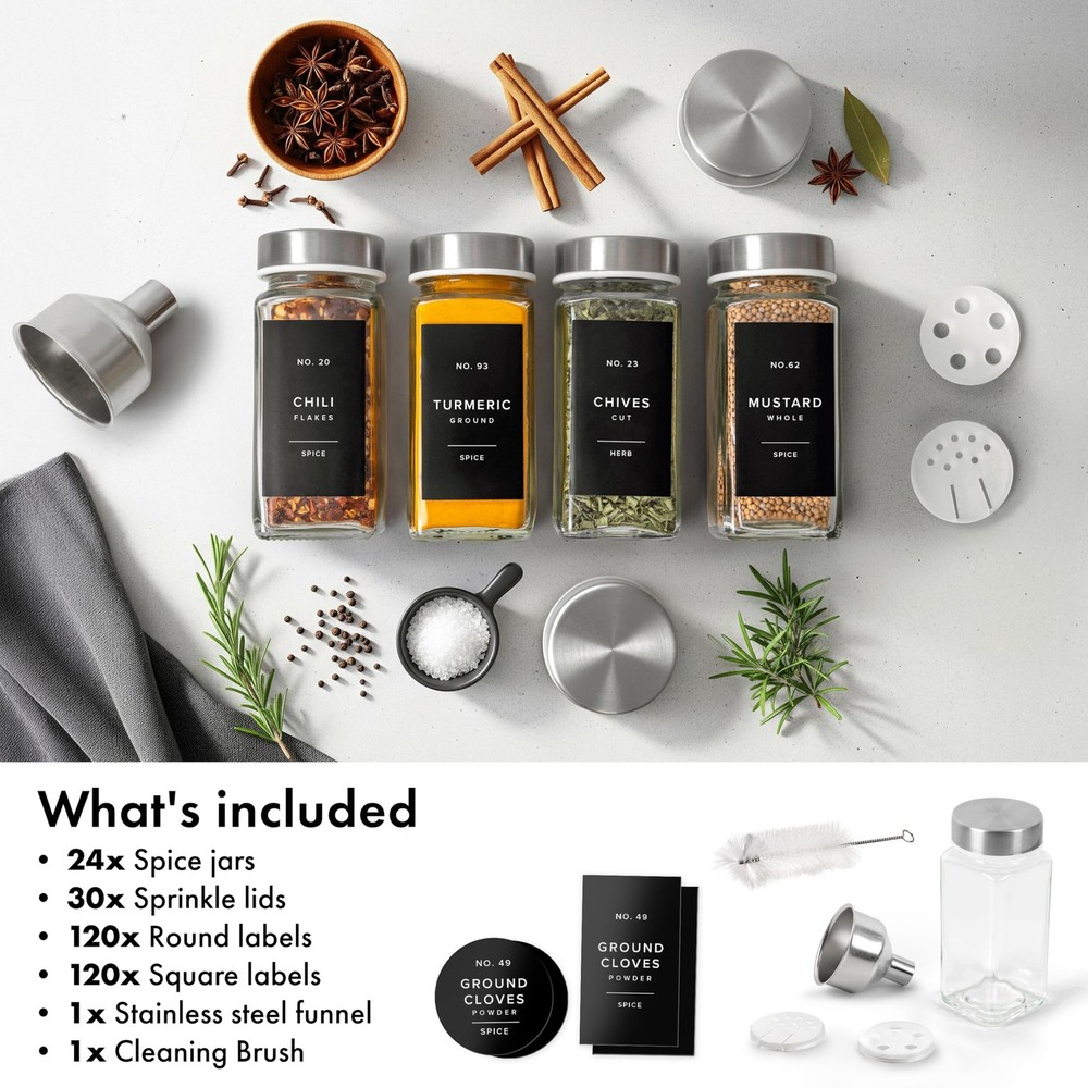 24 Glass Spice Jars Set: 4oz Empty Containers with Labels, Lids & More