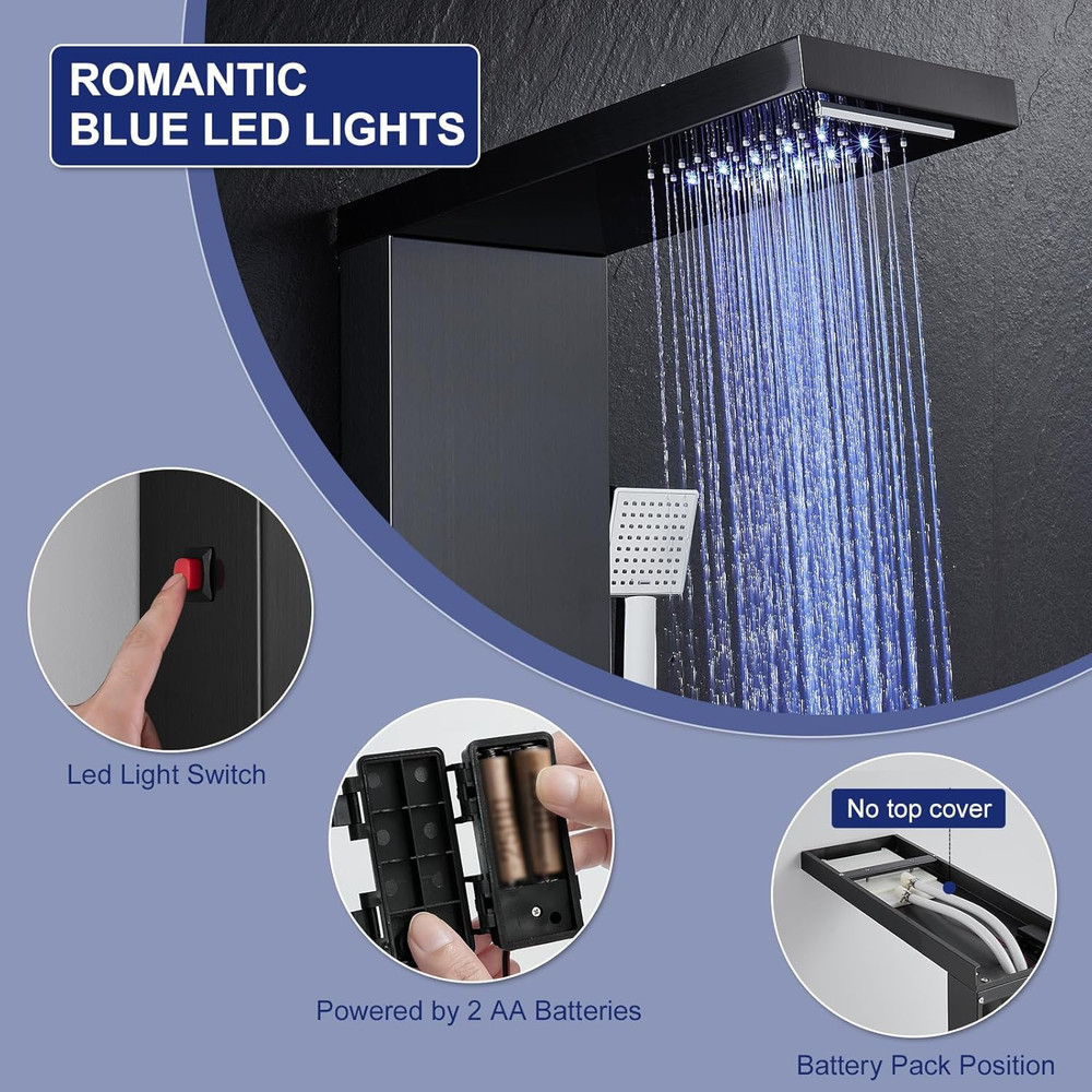 5-in-1 LED Shower Panel Tower System with Rainfall, Jets & Handheld Black Finish