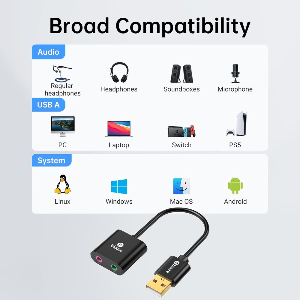 USB to 3.5mm Audio Adapter Headphone Mic Jack for Windows MAC Linux PC PS5 PS4