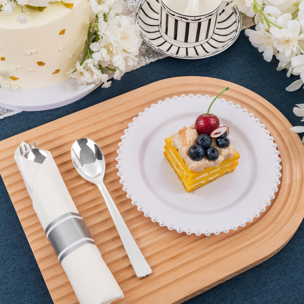 EI 60Pack Pre Rolled Silver Plastic Silverware Disposable Rolled Cutlery with...