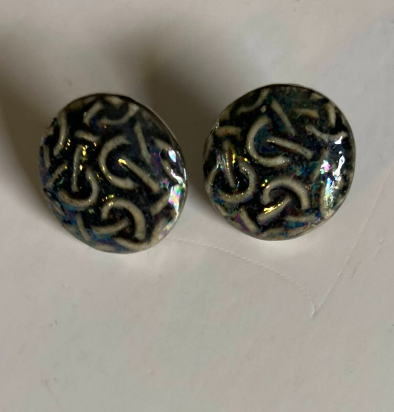 Earrings Vintage Glazed Ceramic Black White and AB Coating 5/8"