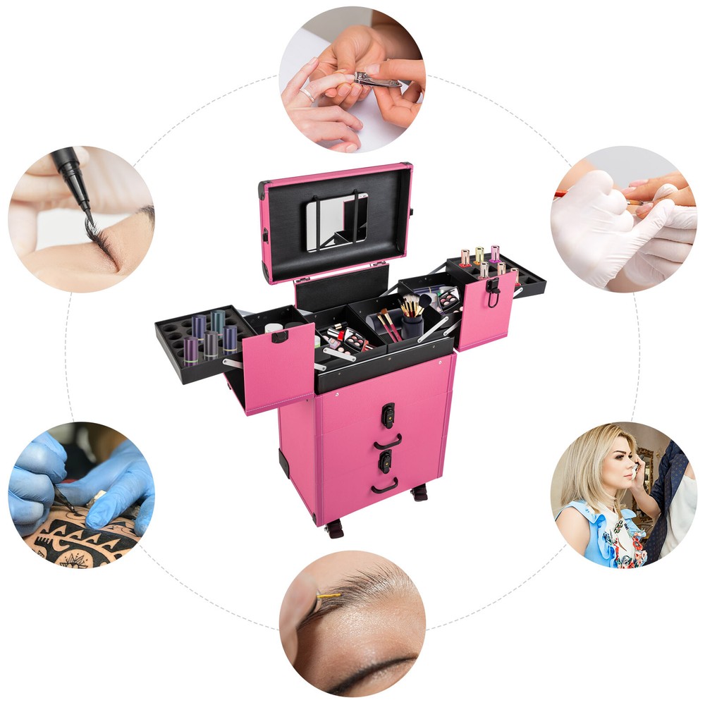 Professional Rolling Makeup Trolley Train Case Box Organizer Salon Cosmetic