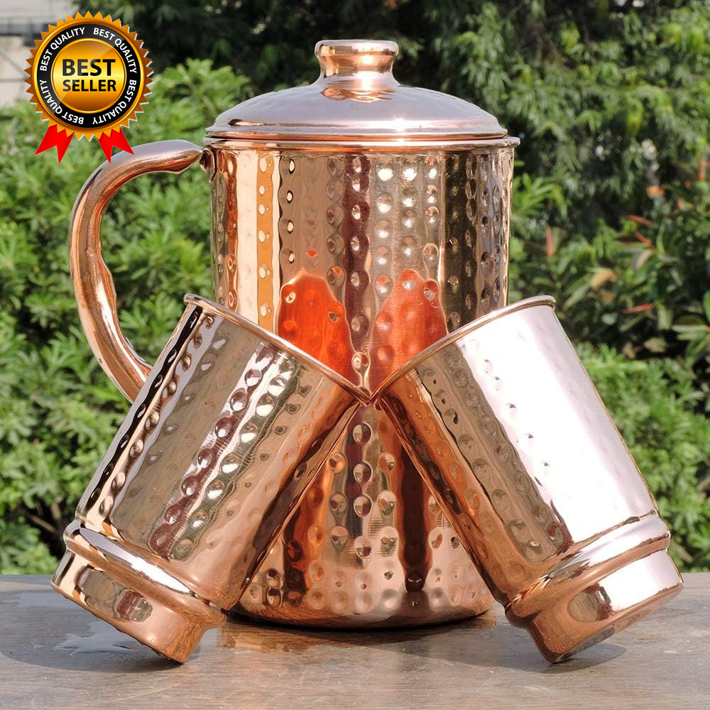 - Pure Copper Hammered Water Jug with 2 Hammered Copper