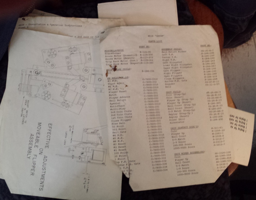 Gator Bally Pinball paperwork/instructions/part list/score unit switch chart