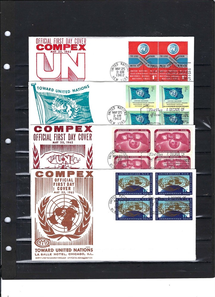 1962 REGULAR ISSUE (Blocks of 4) FDC's (Scott# 104-107) - COMPEX Cachet (601A)