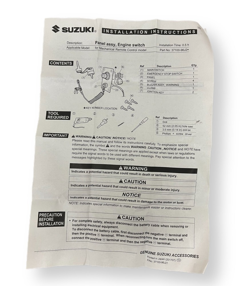 Suzuki Outboard Single Ignition Key Switch Panel 37100-96J27