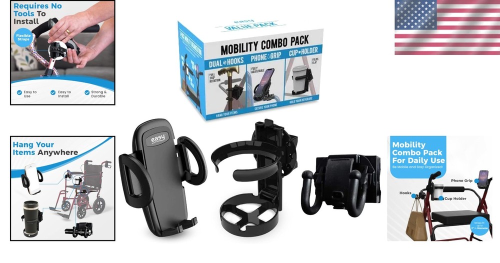 Versatile Mobility Accessory Pack - Phone, Hook, & Cup Holder for Freedom