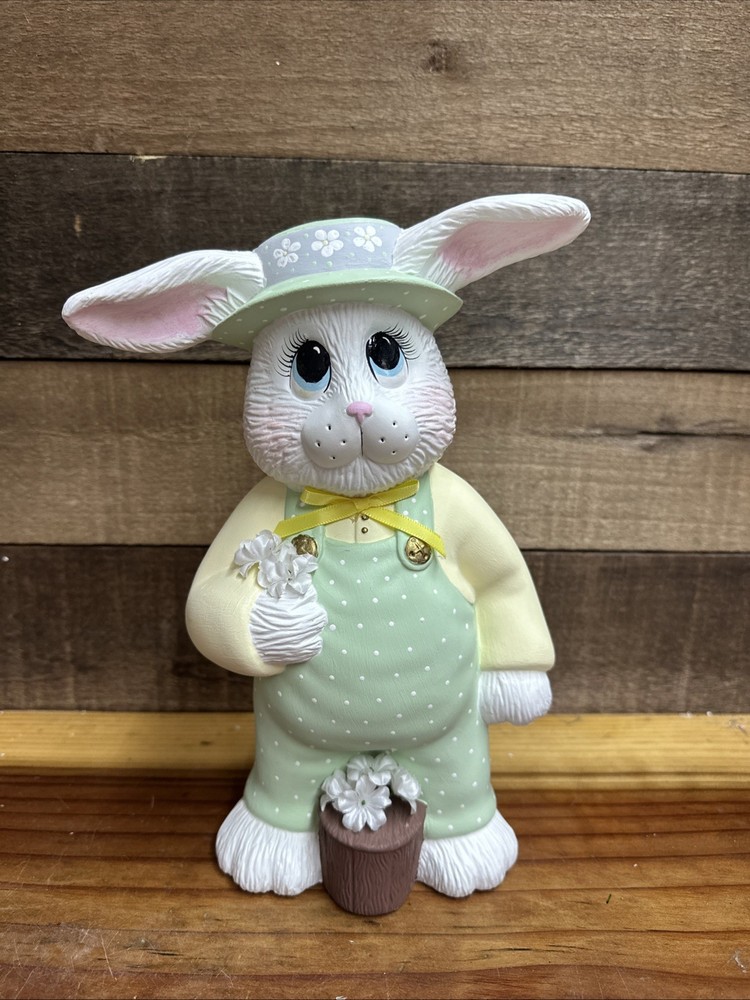 Ceramic Handpainted Bunny In Overalls 10”