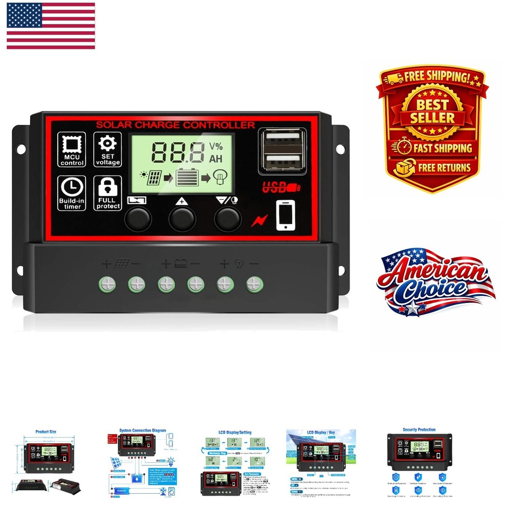 Intelligent 30A Solar Charge Controller with Dual USB and LCD Screen - Safe Use
