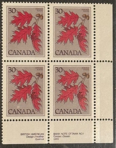 Canada #720 LR PL BL #1 Medium Value Tree Definitive 1977-1982 30¢ MNH