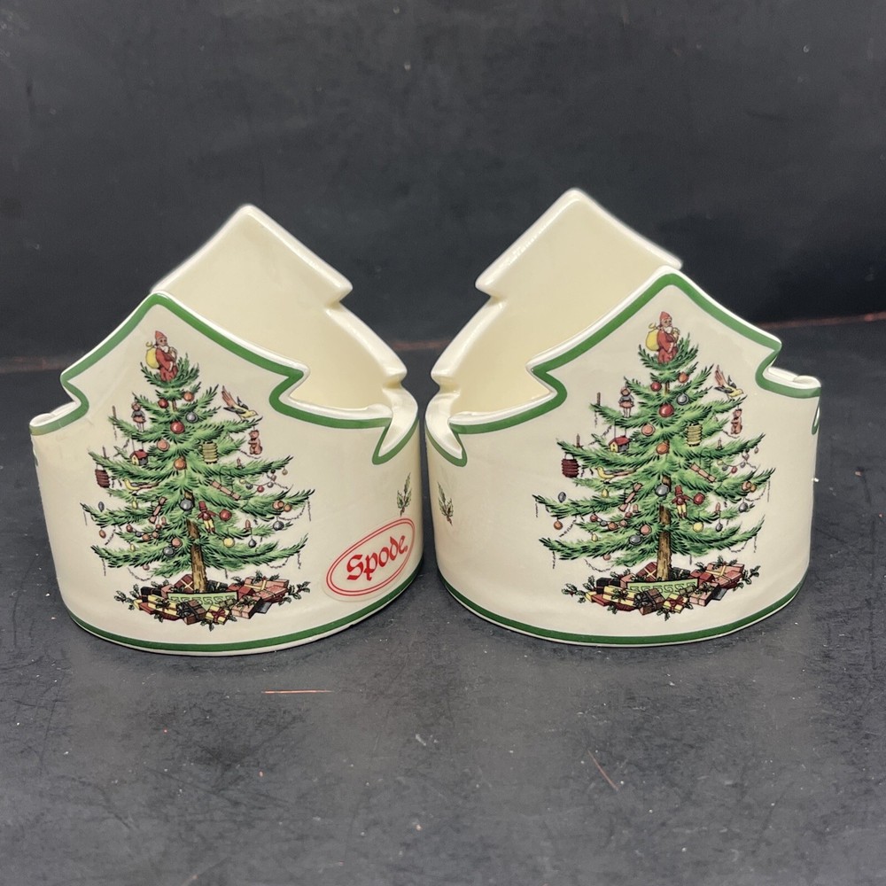 Vintage Spode Christmas Tree Pattern Pillar Candle Votive Holders Set 2 See note