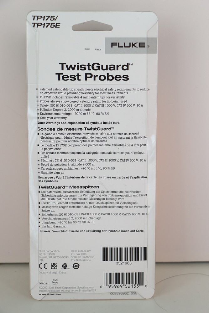 Fluke TP175 TwistGuard Test Probe, 1000V Voltage, 10A Current, 2mm Tip Diameter
