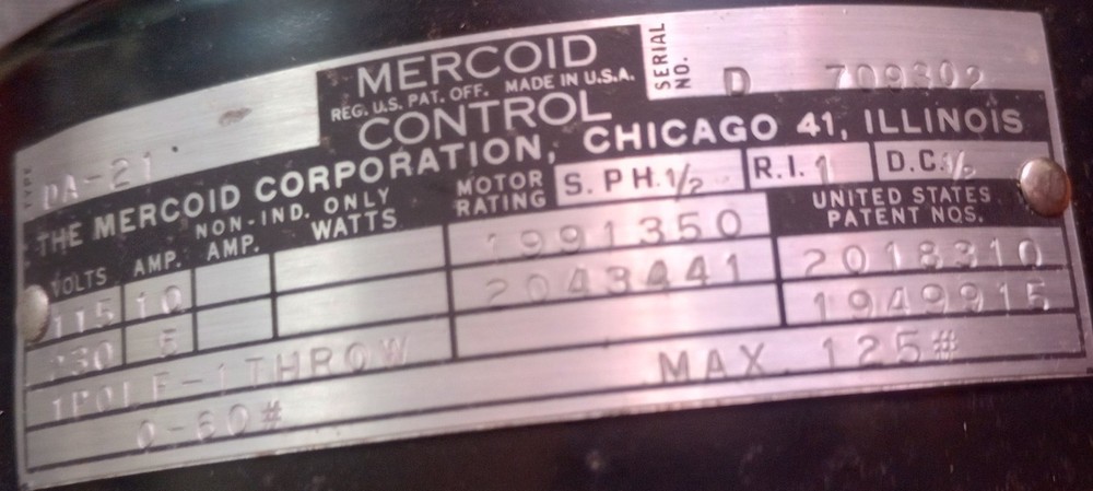 1950 "MER-COID" NOS Steam Regulating Pressure Switch No Box