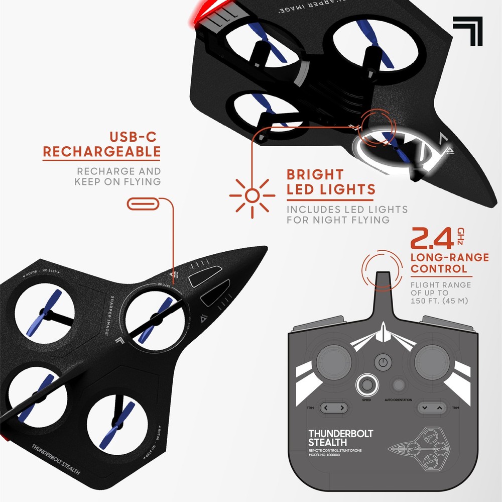 Sharper Image® Thunderbolt Stealth Drone, USB-C Rechargeable, Flight Assist