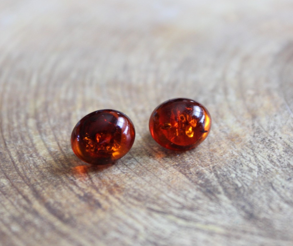 Oval Amber Drops & Sterling Silver Petite Stud Earrings
