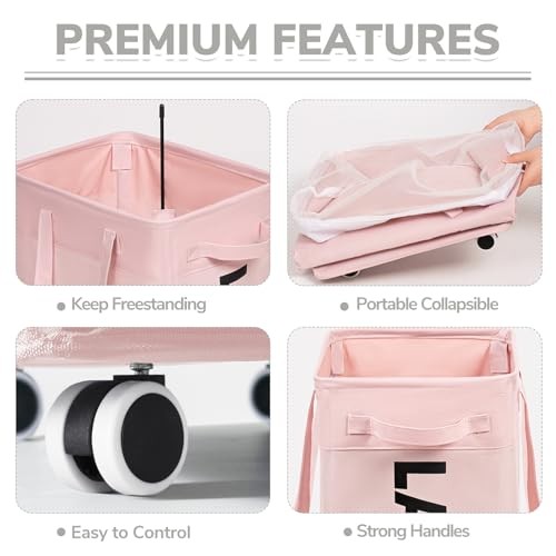 Slim Laundry Hamper with Wheels 75L, Collapsible Rolling Large 1-Pack Pink